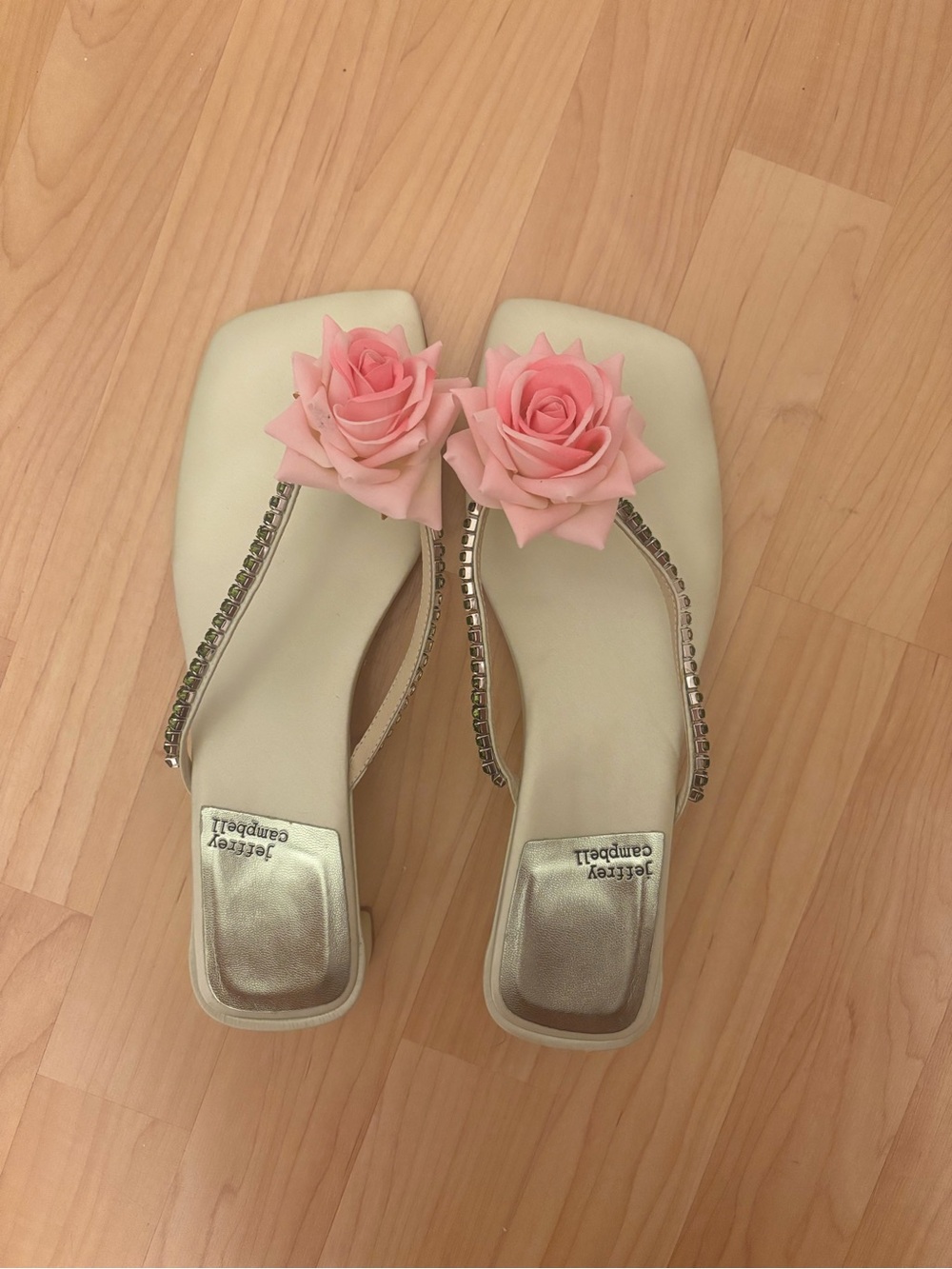 Jeffrey Campbell Cream Slide Mules with Pink Rose Appliqués